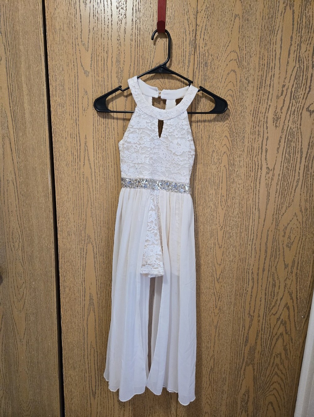 Girls White Lace High-Low Dress with Beaded Waist. Actually Shorts Below Waist